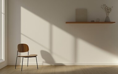 3D rendering of an empty living room interior with a chair and shelf on a white wall background