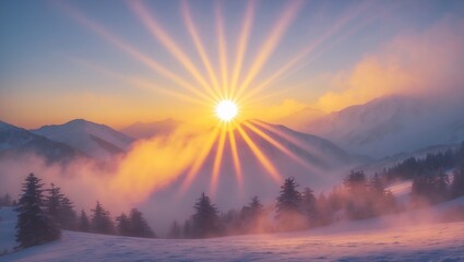 The radiant sun emerging over a mountain range on a chilly winter morning, revealing a landscape shrouded in morning mist. Concepts of inspiration and positive thinking. Soft focus.