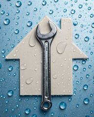 Wrench on House Symbol Over Wet Surface with Raindrops for Home Repair Concept