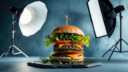 Photo studio equipped with professional lighting gear while photographing food
