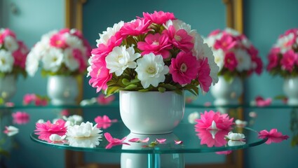 Vase filled with pink flowers on the table.
