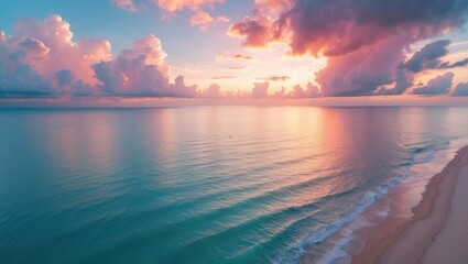 Aerial drone viewpoint of picturesque scenery, featuring a serene blue sea and colorful fluffy pink clouds glowing at sunset in the evening sky, along with a sandy coastline.