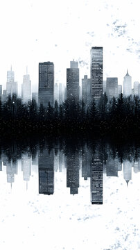 Fototapeta Reflective City Skyline at Night with Snow