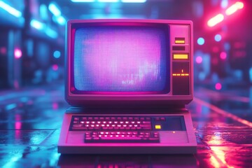 Obraz premium Retro computer in neon-lit urban setting, nostalgic tech