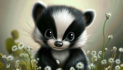 A cute baby skunk in a natural setting.