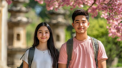Happy Asian Teen Couple Smiling Outdoors in Spring Cherry Blossom Park