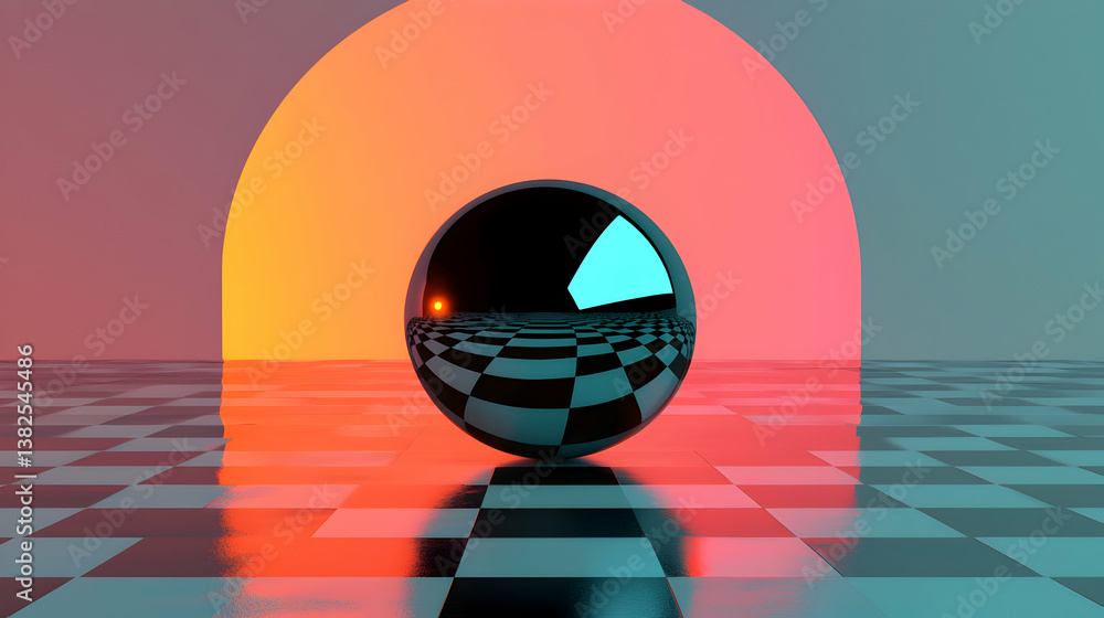 Poster reflective sphere on checkerboard floor with neon gradient background