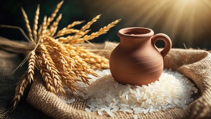 Rice milk and rice seeds on a background of wooden table.
