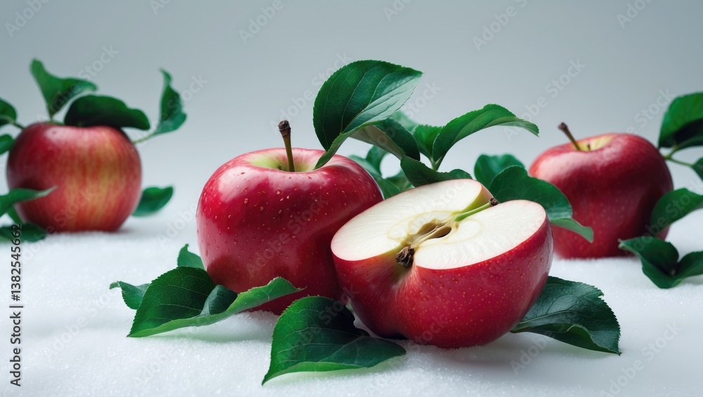 Poster ripe red apples with a sliced apple and green leaves isolated on a white background. apples and leav