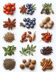 Fototapeta premium Botanical Illustration of Cooking Spices and Herbs on White Background Vintage Style Hand Drawn Collection of Cinnamon Peppercorn Cardamom Clove Caraway for Culinary Use