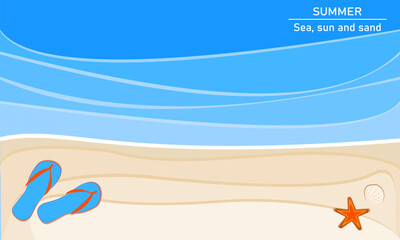 Fototapeta premium A vibrant summer beach setting showcases a pair of red flip flops and a striped umbrella resting on golden sand. The clear blue sky adds to the warm vacation atmosphere