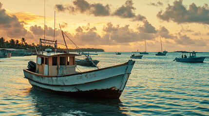 Naklejka premium A tranquil scene featuring a boat on water at sunset, with other boats in the distance.