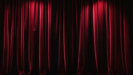 Red theater curtain drawn, illuminated by light.
