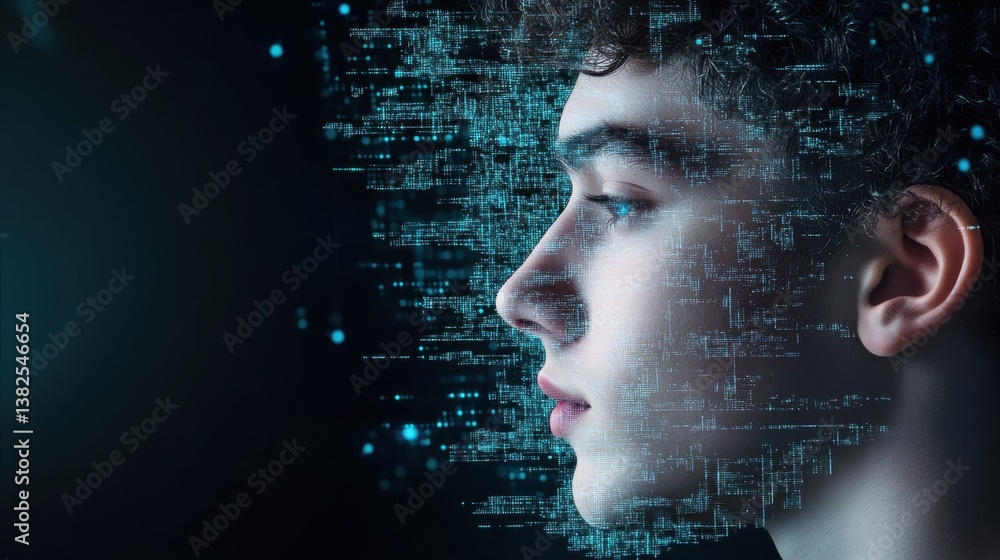 Poster profile of young man with digital data visualization in background