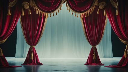 Red stage curtains parted with space for text.