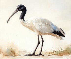 Obraz premium Elegant Black and White Ibis Bird Watercolor Painting Minimalist Style Illustration