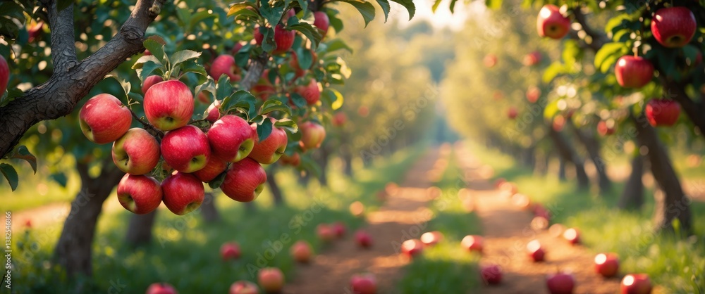 Poster ripe red apples hanging from tree branches in sunlight, surrounded by green leaves and a blurred bac