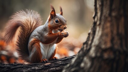 Obraz premium Red Squirrel munching on a nut while perched on a tree trunk in the woods.