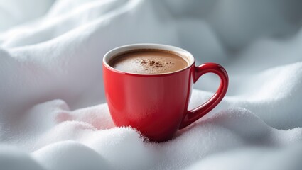 Red mug of hot chocolate drink set against a background.
