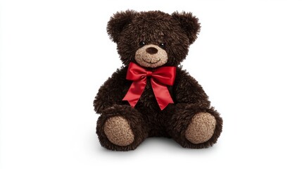 Obraz premium Soft brown teddy bear with a red bow sitting upright against a plain background, isolated on white background