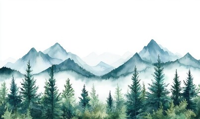 Watercolor Mountain Landscape Border with Evergreen Trees and Pine Forest, Natural and Serene Design on White Background