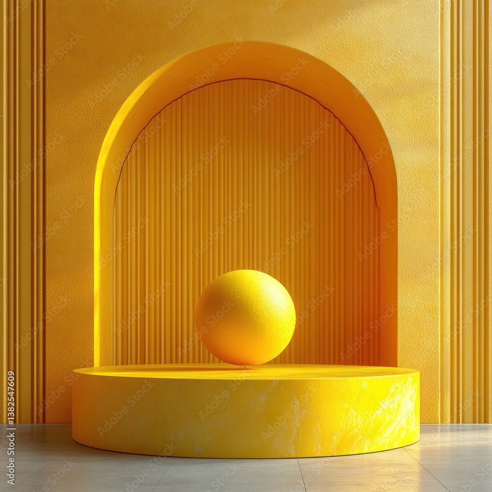 Aufkleber yellow circular object on matching pedestal for minimalist display advertising background