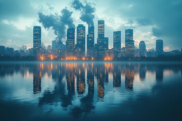 Fototapeta premium City skyline at dusk with reflections in the water and smoke rising from buildings