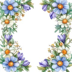 Spring Floral Frame Watercolor Illustration with Daisies and Crocuses on White Background