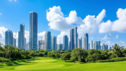 Fototapeta premium Lush green park contrasts with a modern cityscape under a bright blue sky with fluffy white clouds.