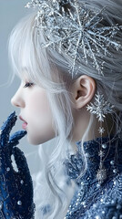 Portrait of a Woman in a Blue Winter Dress with Ice Crystals in Her Hair