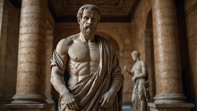 A statue of Hesiod, standing among ancient scrolls, reciting the birth of cosmos