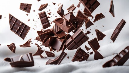 Pieces of dark chocolate tumbling closely against a white backdrop.