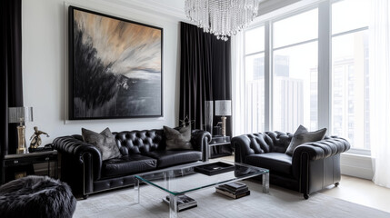 Modern Black Leather Living Room With City View