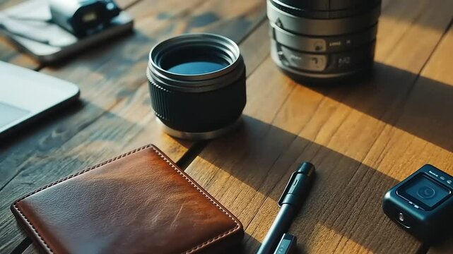 A stylish workspace featuring a leather wallet, camera lens, and coffee cup on a wooden table