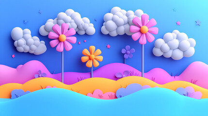 Pastel landscape with flowers and clouds