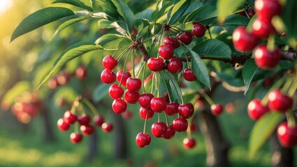 Gathering ripe red cherries from a vibrant tree in a sunny orchard during harvest time.