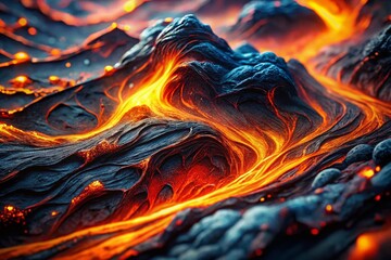 Abstract Glowing Lava Texture: Dark Blue & Orange Digital Art - Stock Photo