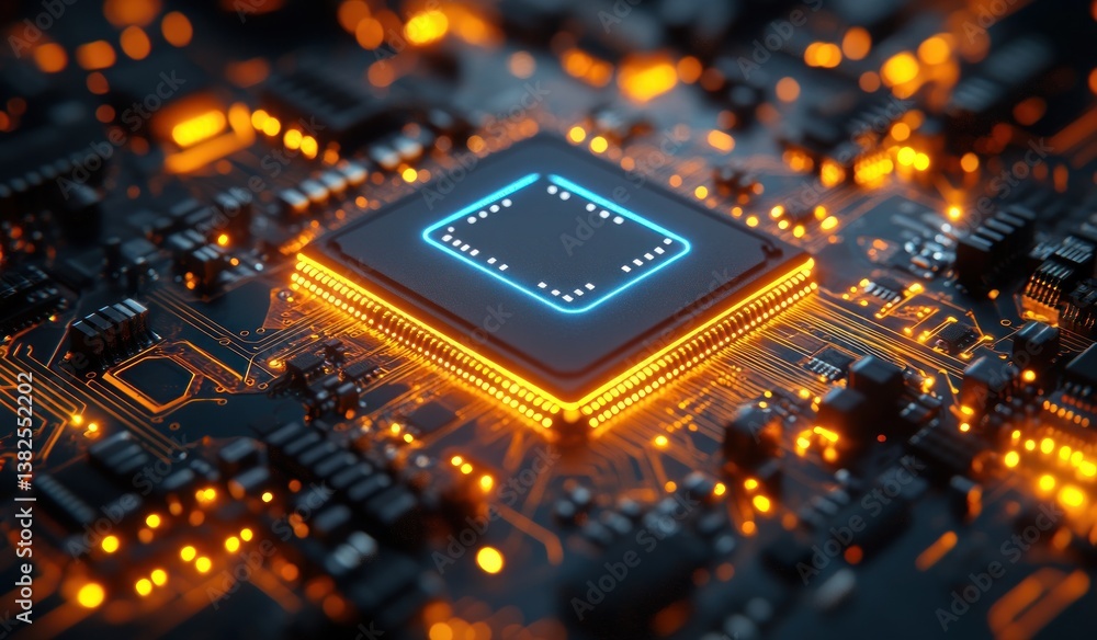 Poster futuristic nft microchip design glowing digital circuit cyberpunk aesthetics 3d rendering isometric 
