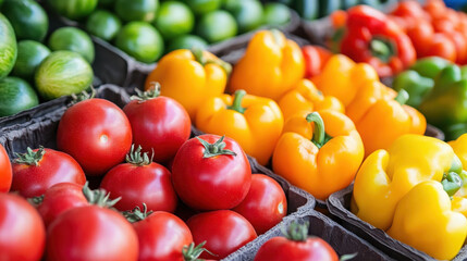 A vibrant display of fresh tomatoes and yellow bell peppers at a market.