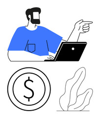 Bearded man at laptop pointing outward, dollar coin and plant symbols below. Ideal for finance, remote work, strategy, growth, investment, creativity decision-making. Flat simple metaphor