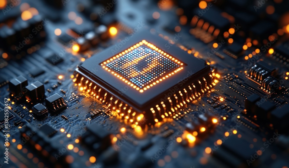 Poster futuristic nft microchip design embedded in digital circuit cyberpunk aesthetics