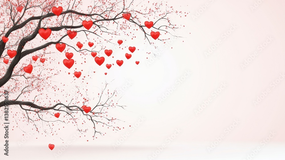 Poster red pixelated hearts adorn a bare tree branch against a soft pink background. falling hearts add to 