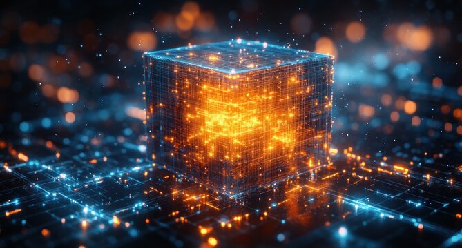 Futuristic Blockchain Technology Digital Network Cyberpunk 3D Illustration Quantum Computer Nanotechnology Data Blocks