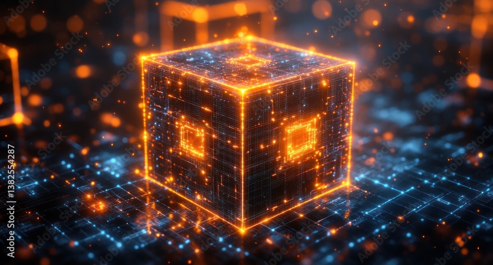 Poster futuristic cube digital network quantum computing cybersecurity nanotechnology 3d illustration