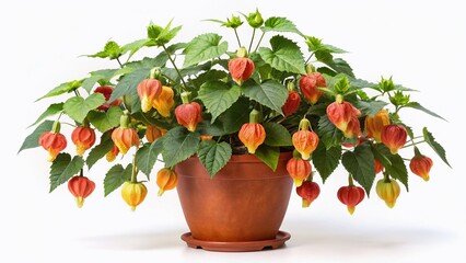 Abutilon Flowering Plant in Pot, White Background, Full Size Stock Photo