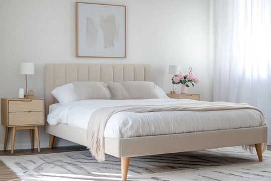 A modern bedroom interior featuring a comfortable upholstered bed setting