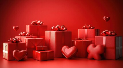 red valentines day gift boxes and hearts