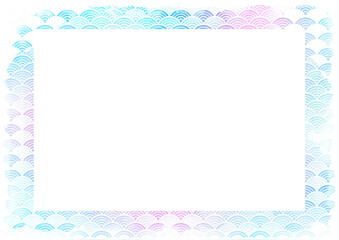 水彩風の水色紫色ピンク色　カラフル　フレーム　波和柄　青海波