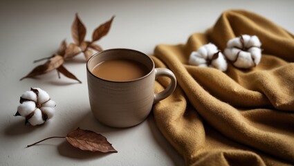 Fototapeta premium Autumn arrangement. Cotton blossoms, plaid fabric, coffee cup in the background. Flat lay, overhead view.