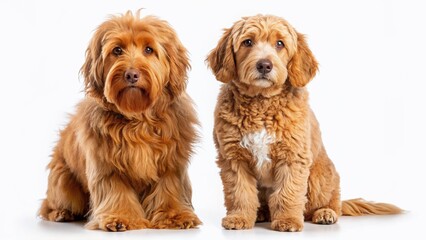 Fototapeta premium Adorable Apricot & Red Australian Cobberdog & Labradoodle Dog Breeds, Studio Shot, White Background